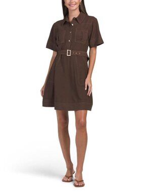 LEA Linen Blend Short Sleeve Contrast Stitching Mini Dress